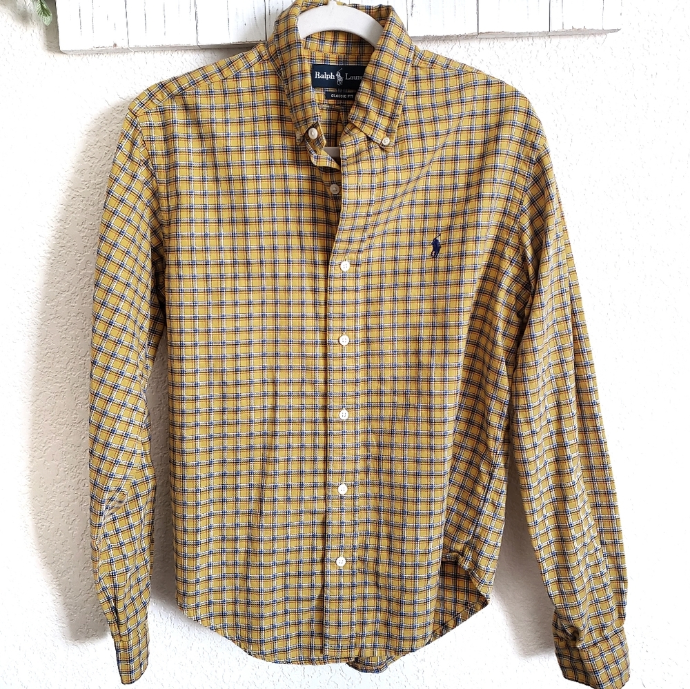 Ralph Lauren Classic Fit Plaid Button Down Shirt Yellow Blue Medium